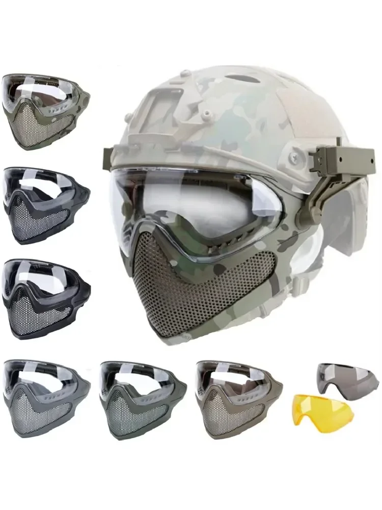 Maska Airsoftowa z Siatki Stalowej Pełnotwarzowa z 3 Goglami Przeciwmgielnymi do Hełmu FAST, 2 Tryby Pracy, Maska Ochronna do Strzelania, Wargamingu i Gier CS — 2