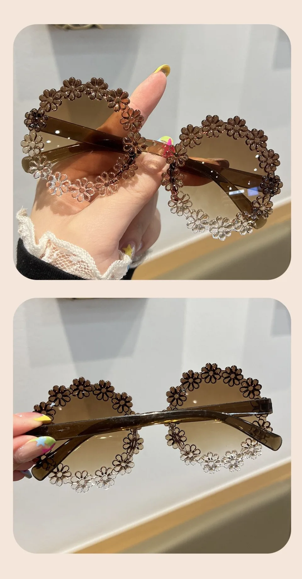 Blumenförmige Sonnenbrille für Mädchen, stilvolle mehrfarbige Dekor-Sonnenbrille für Kinder, trendige neue süße Kinder-Sonnenbrille – Detail 9