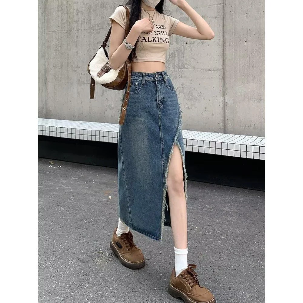 

Летняя джинсовая юбка с высокой талией и разрезом, женская, дизайнерская, новинка 2026 года, ретро, А-силуэт, облегающая, длинная