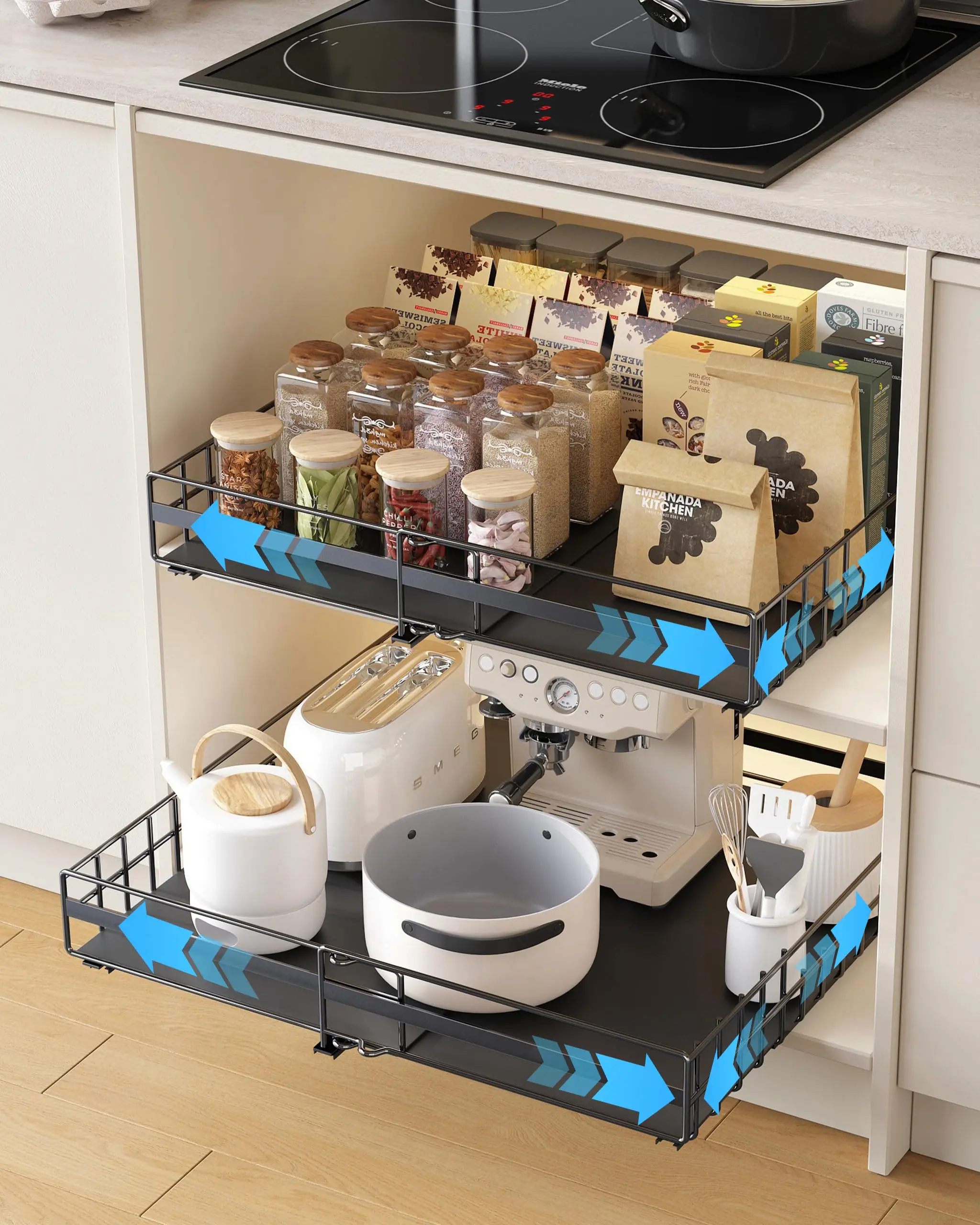 Expandable Pull out Cabinet Organiser Cupboard Storage Kitchen Drawers Pantry Sliding Shelf No Drill Adhesive Peel and Stick