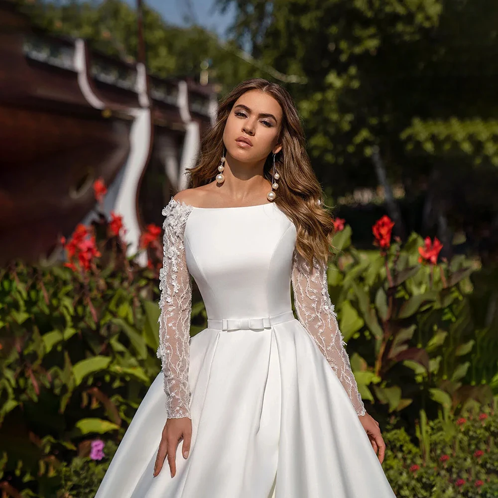 Graceful Boat Neck Satin Wedding Dress 3D Appliques Beading Lace Long Sleeves Open Back A Line Bridal Gown Robe De Mariée