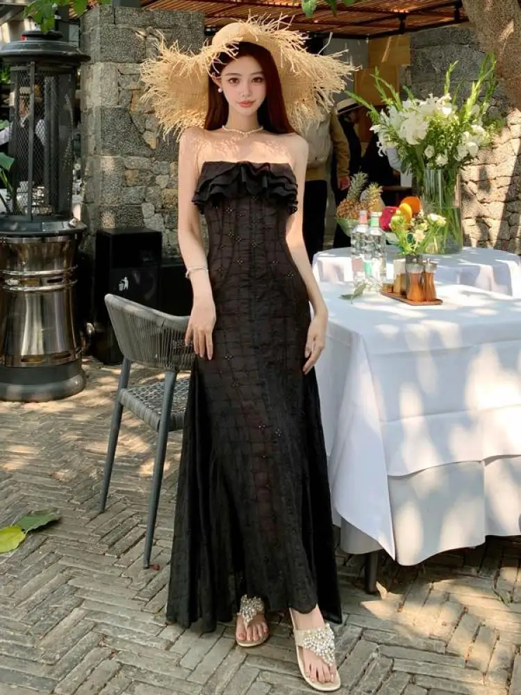 

French Vintage Women Black Sexy Backless Slim Party Long Dress 2025 Summer Ruffle Edge Hollow Out Vacation Strapless Dress Trend