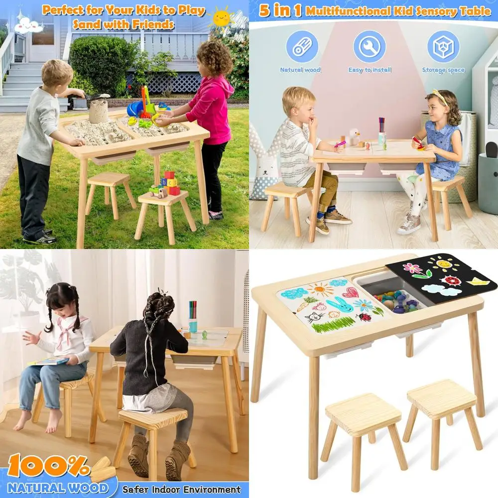 

Двухфункциональный детский сенсорный стол со стулом и контейнерами для хранения – идеально подходит для игр и творчества