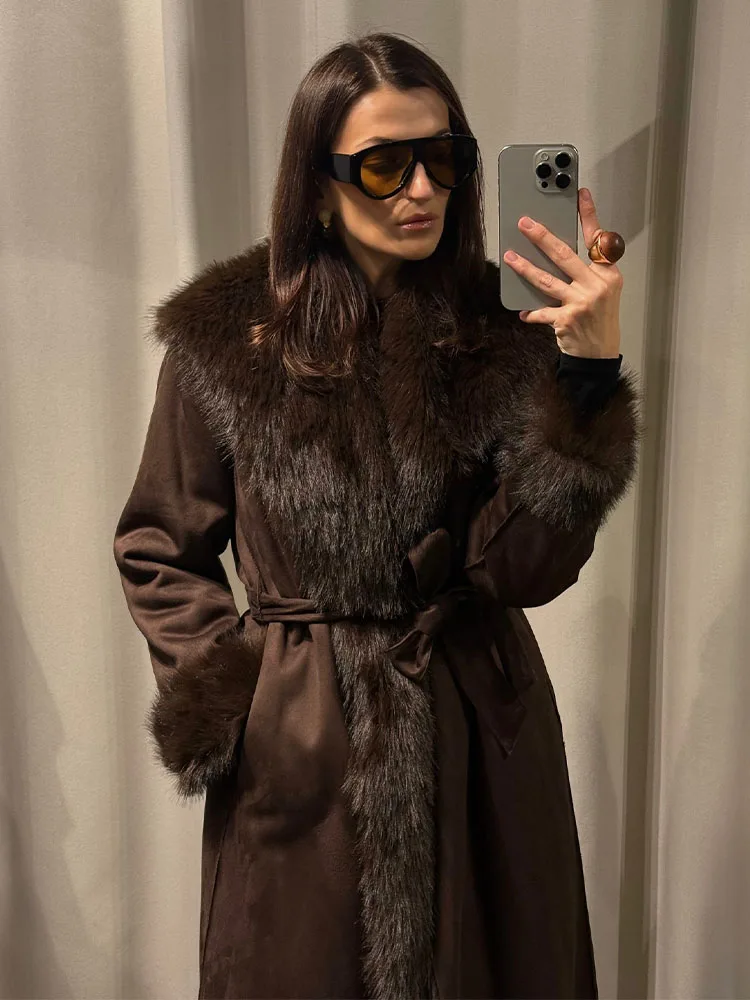 

Женская модная двусторонняя куртка из искусственного меха с отложным воротником, поясом, карманами, длинными рукавами, теплая, длинная верхняя одежда, повседневная свободная куртка для женщин