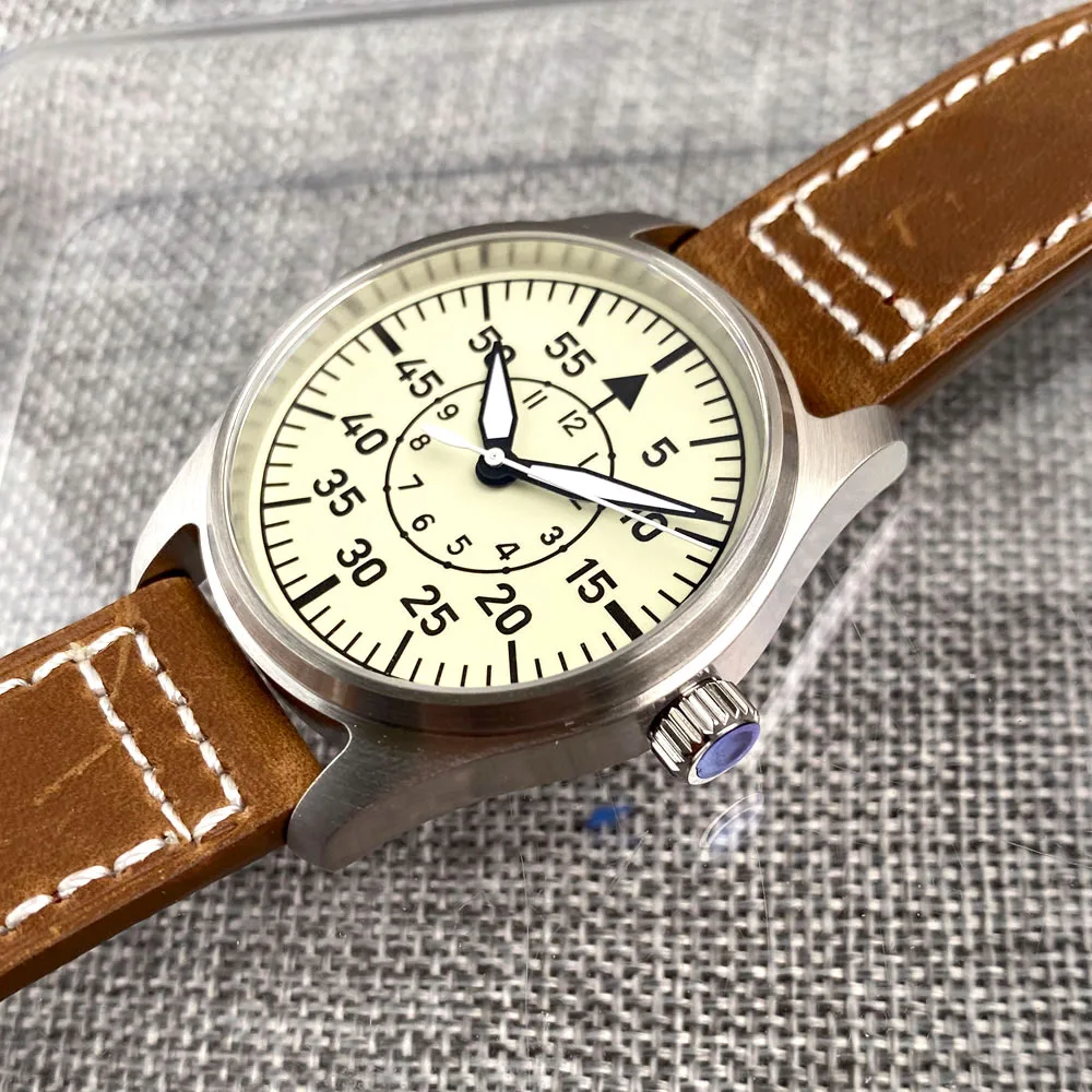 Reloj Mecánico de aviador para hombre, cronógrafo de estilo Vintage, NH35, movt, color blanco crema, esfera verde, Super Lume, Retro, regalo, 20bar