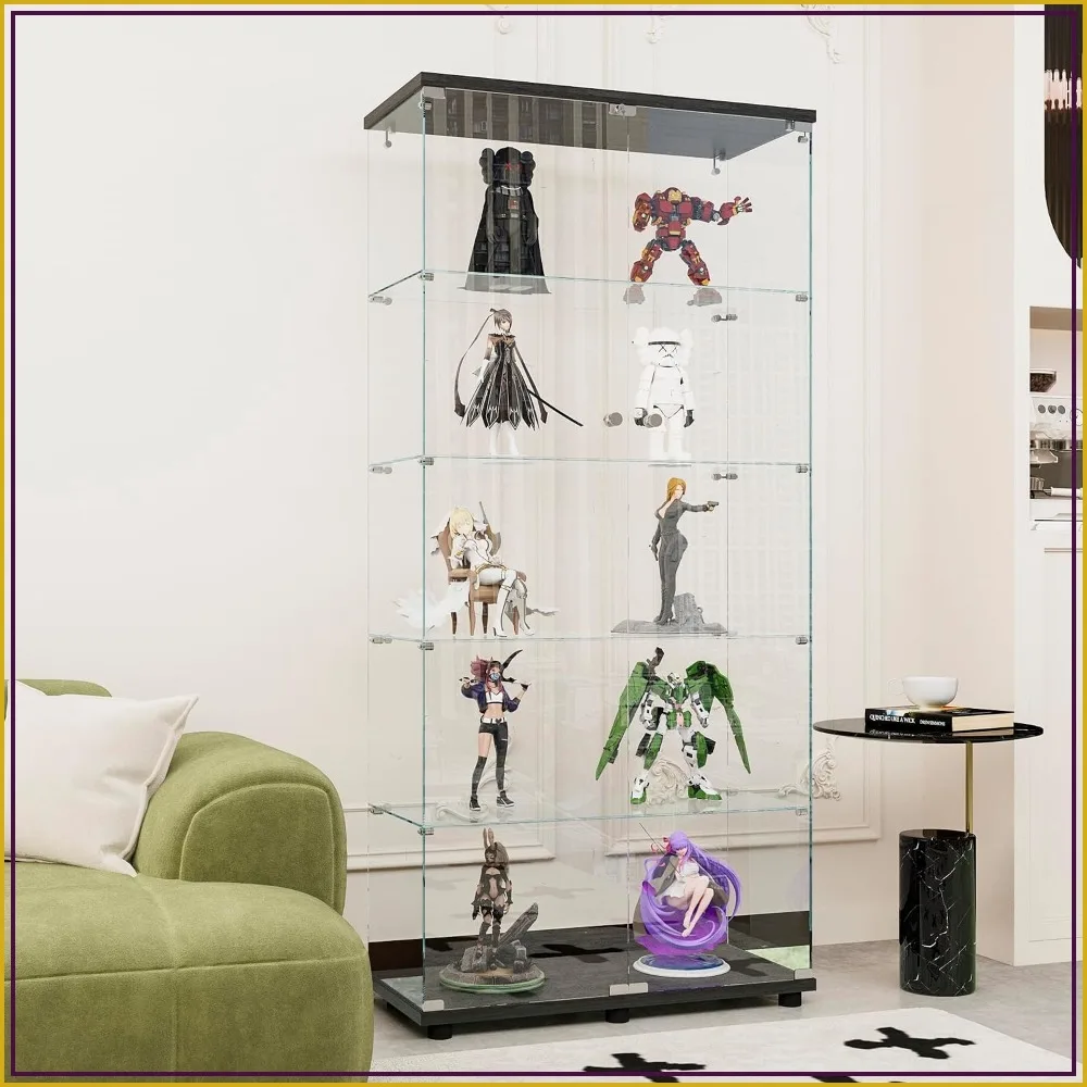 Curio Cabinet with Tempered Glass, 5-Shelf Double Door Display Case, Black