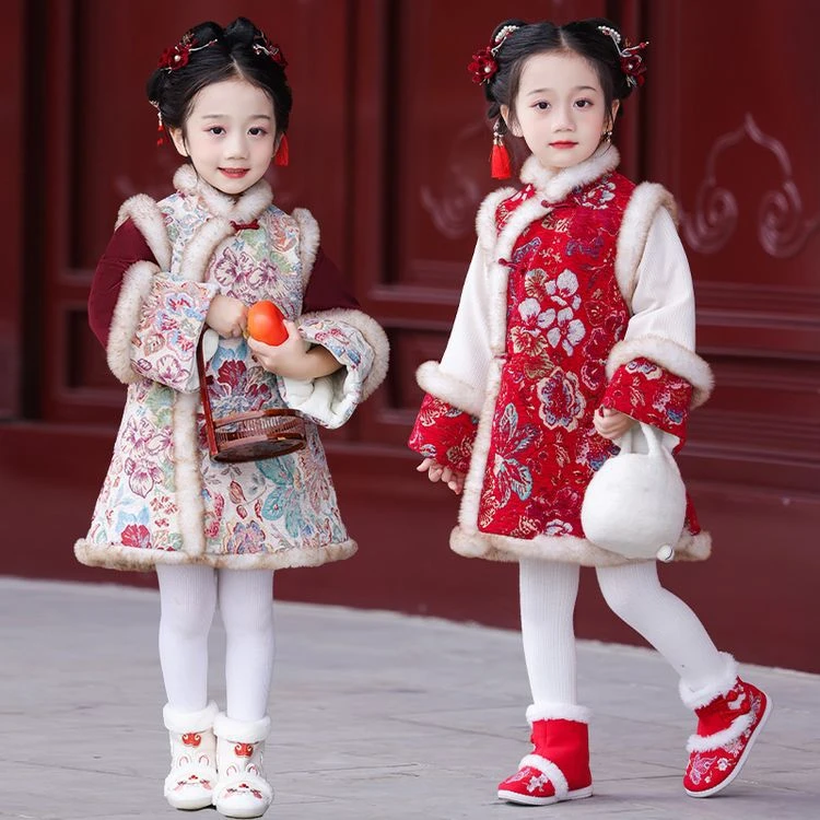 

Новое зимнее теплое стеганое платье-ципао в стиле ханьфу для девочек, детский костюм древнерусской феи, детский чонсам, одежда для Китайского Нового года 2026
