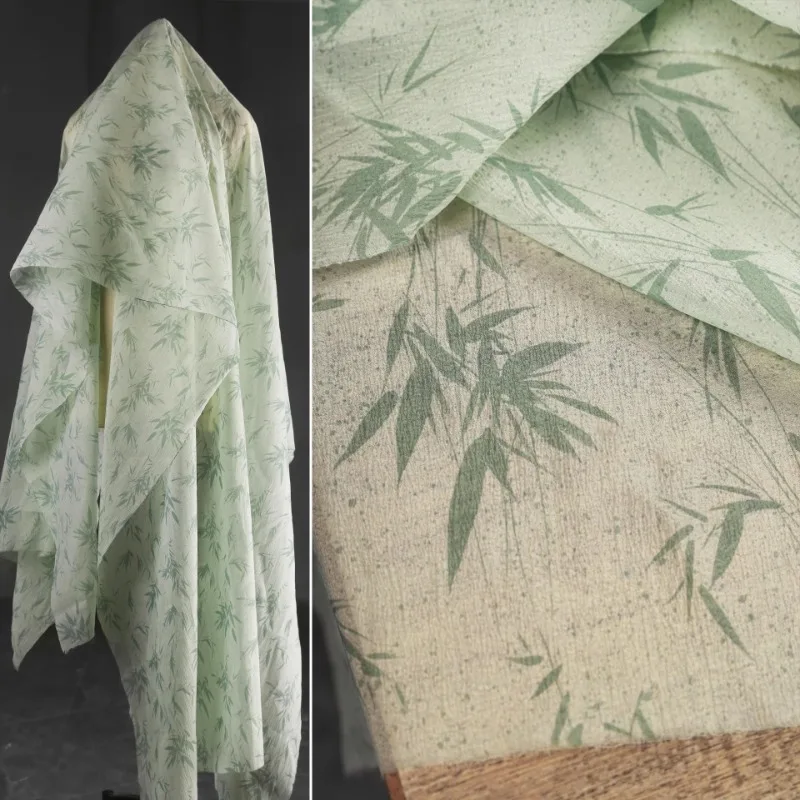 Designer Fabric in Bamboo Leaf Green Sheer with Plant Printed Motifs for Chinese Hanfu Dressmaking