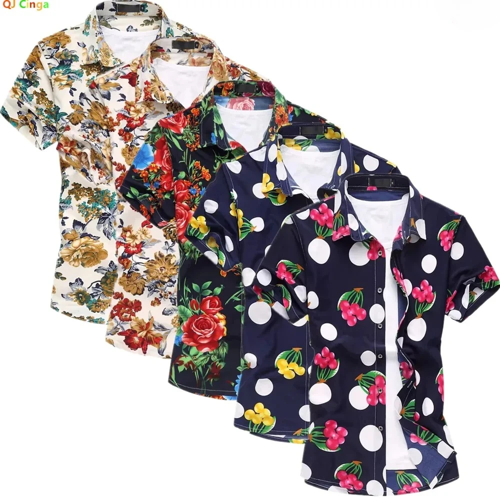 Summer New Arrival: Men's Blue Short-Sleeve Printed Shirt, Black Single-Button Collar Stretch Floral Shirts. 2026 New