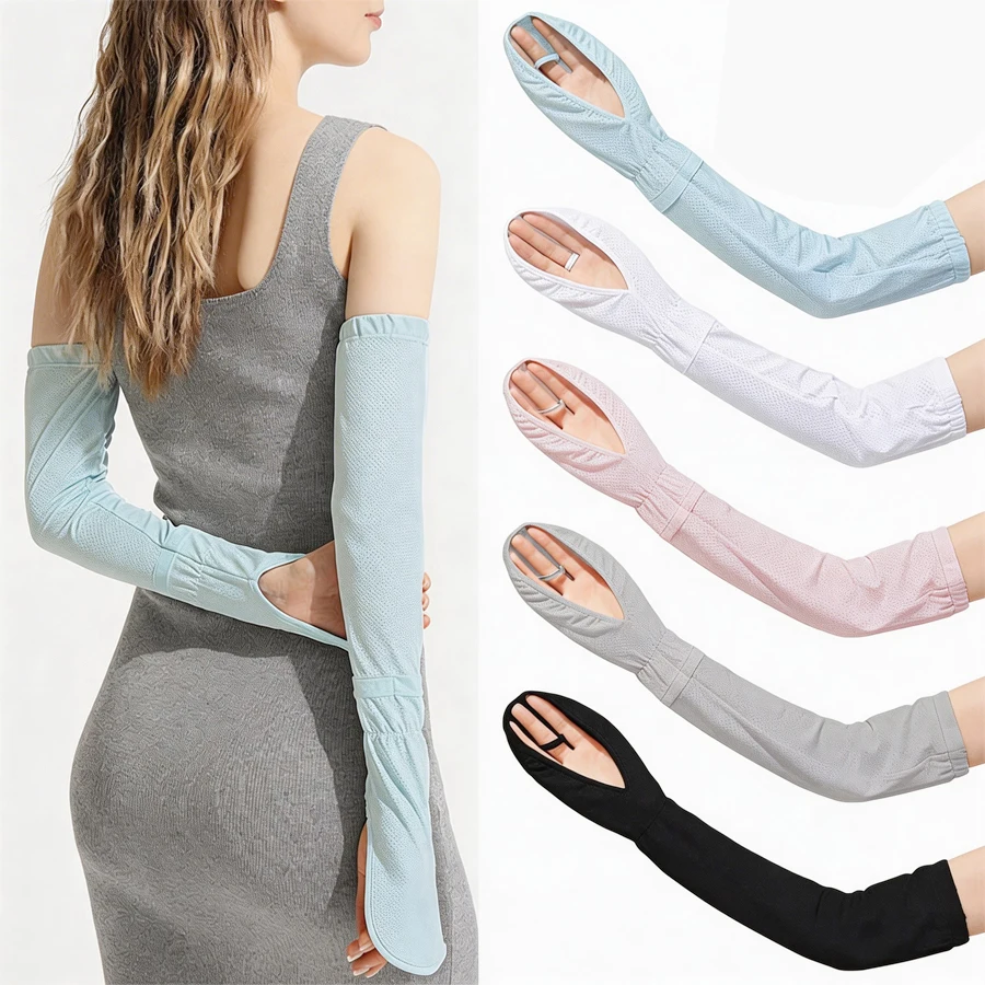 

Summer Long Arm Sleeves with Finger Loop Cooling Sunblock Arm Cover for Women Men Outdoor