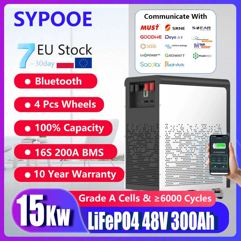 

EU Stock 48V 300Ah 15Kwh LiFePO4 Battery Bluetooth 16S BMS 600Ah 100Ah Wheels 30Kwh 5Kwh 6000+ Cycle 51.2V Lithium Battery Pack