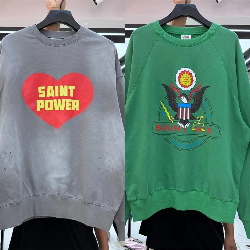 

Power Love Printed Saint Hoodie Men Women Casual Oversized Logo Washed Do Old Hole Long Sleeve Round Neck Sweatshirts