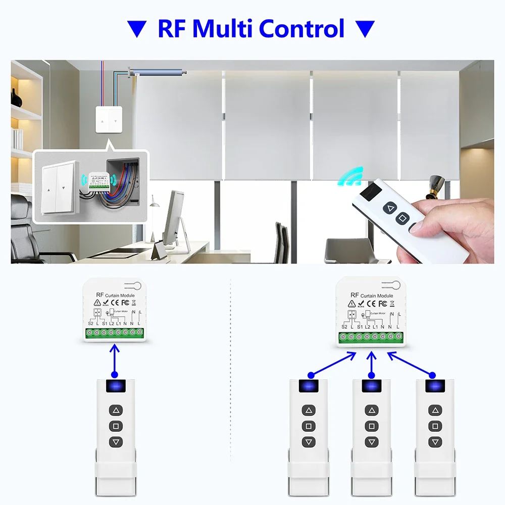 433MHz Wireless Curtain Switch 110V 220V 16A RF Receiver,60m Remote,for Remote Control Roller Shutter Windows Blinds Garage door