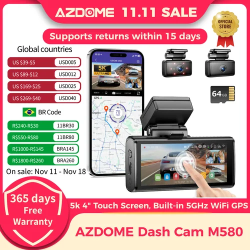 AZDOME M580 대시 캠 5k 전면 후면 자동차 카메라, 내장 5GHz WiFi GPS, 4 인치 터치 스크린, 24 시간 주차 모니터, 야간 투시경 블랙 박스 