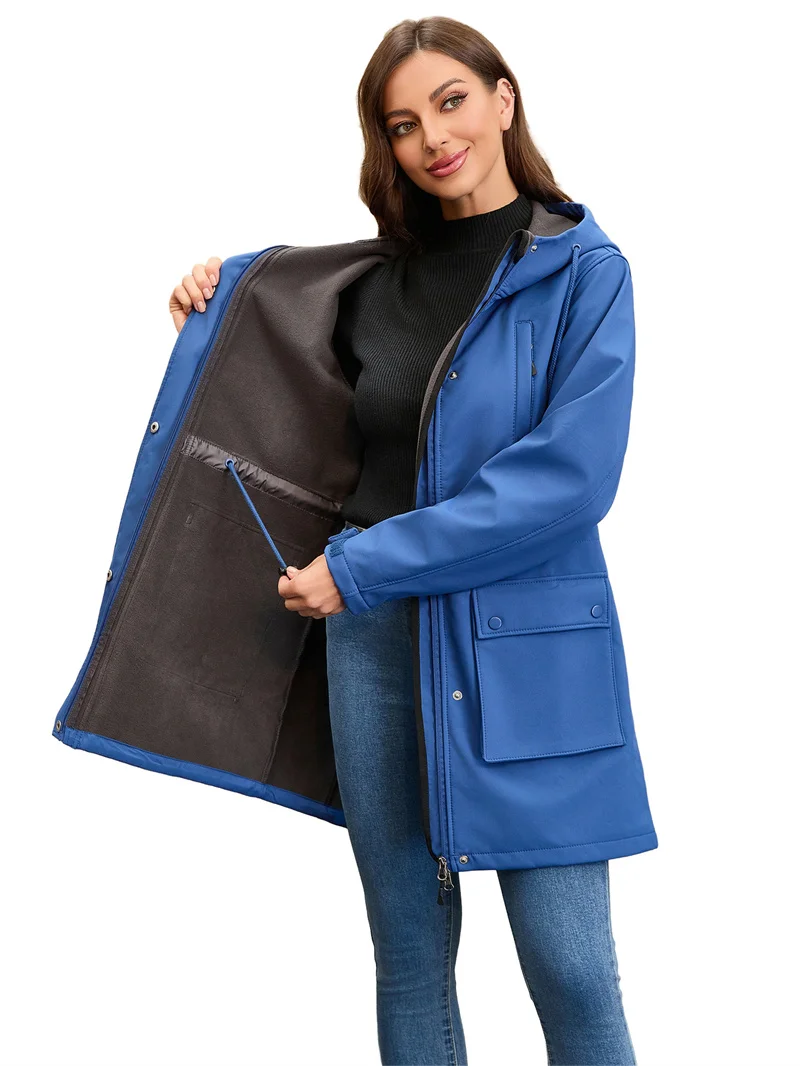 Autumn Winter Fleece Warm Outdoor Sports Trench Coat Women's Rainproof Hooded Windbreaker Female Loose Large-size Long Raincoat