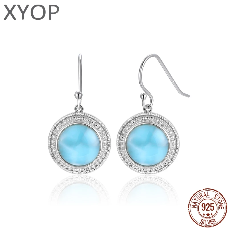 

Natural Precious Larimar Long Earrings for Women 925 Sterling Silver Geometric round Charm Fashion Jewelry Classic Eardrop Gift
