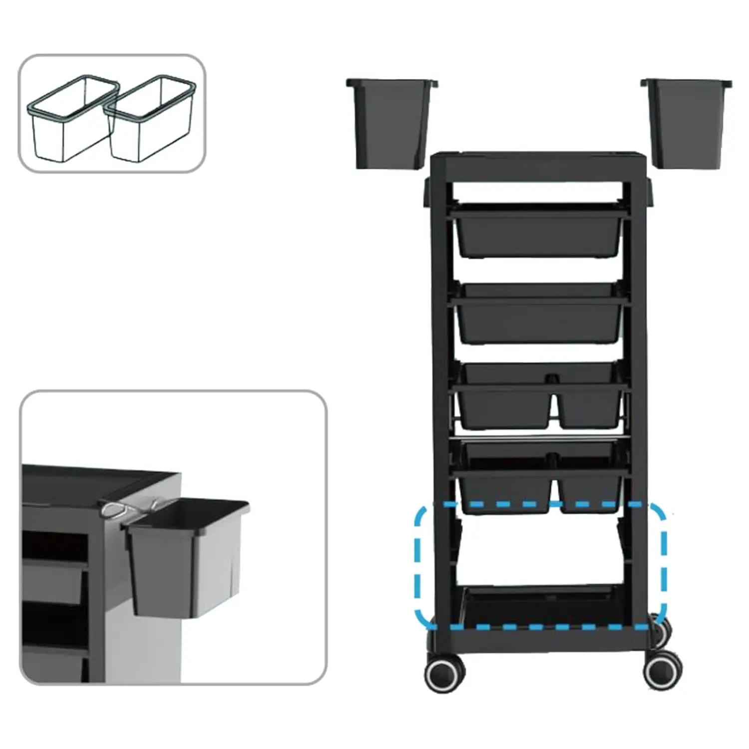 Salon Trolley Cart - 6 Trays For Extra Storage, Free Combination, 1 Hair Dryer Holder, Rolling Design For Easy Mobility