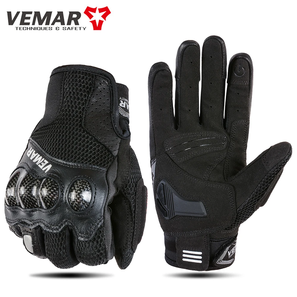 VEMAR Summer Men Motorcycle Gloves Breathable Mesh Motocross Full Finger Gloves Carbon Fiber Shell Motorbike Gloves Touchscreen