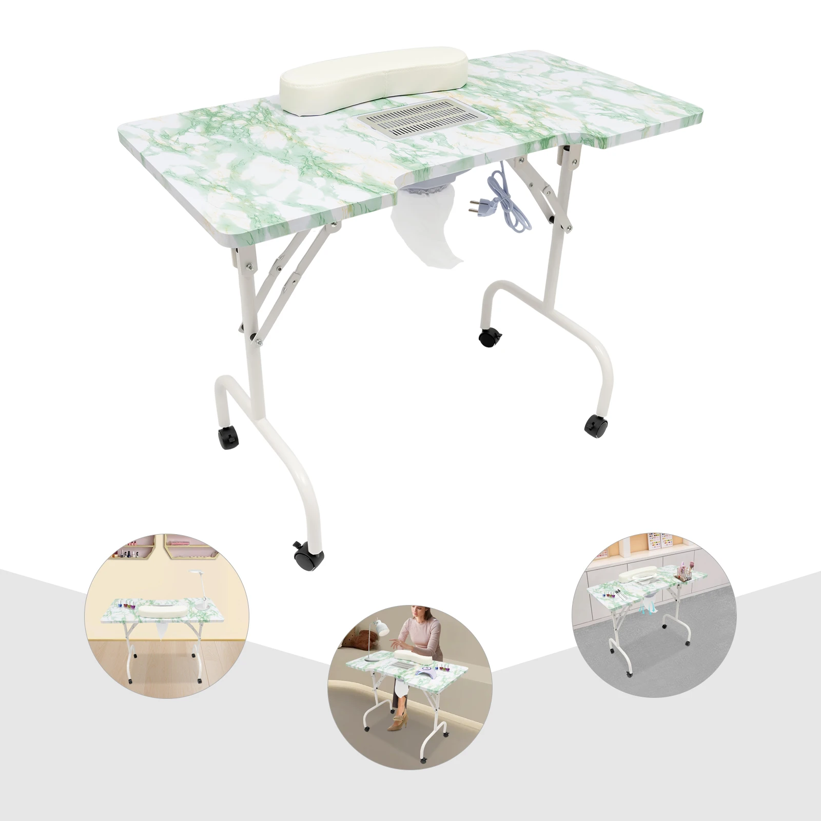 Portable & Foldable Manicure Table, Nail Desk Workstation W/ Suction/Client Wrist Pad/Controllable Wheels, for SPA Beauty Salon