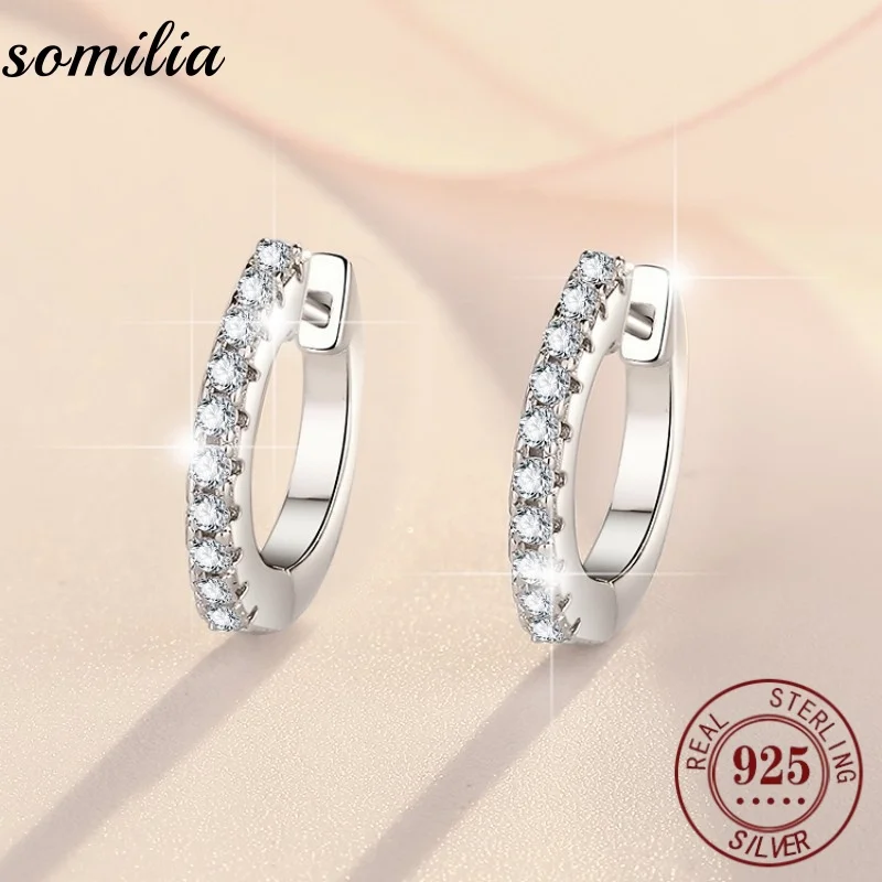 SOMILIA 925 Sterling Silver Classic Silver Round Circle Hoop Earrings Cubic Zirconiainlaid Zircon Earrings For Women Luxurious