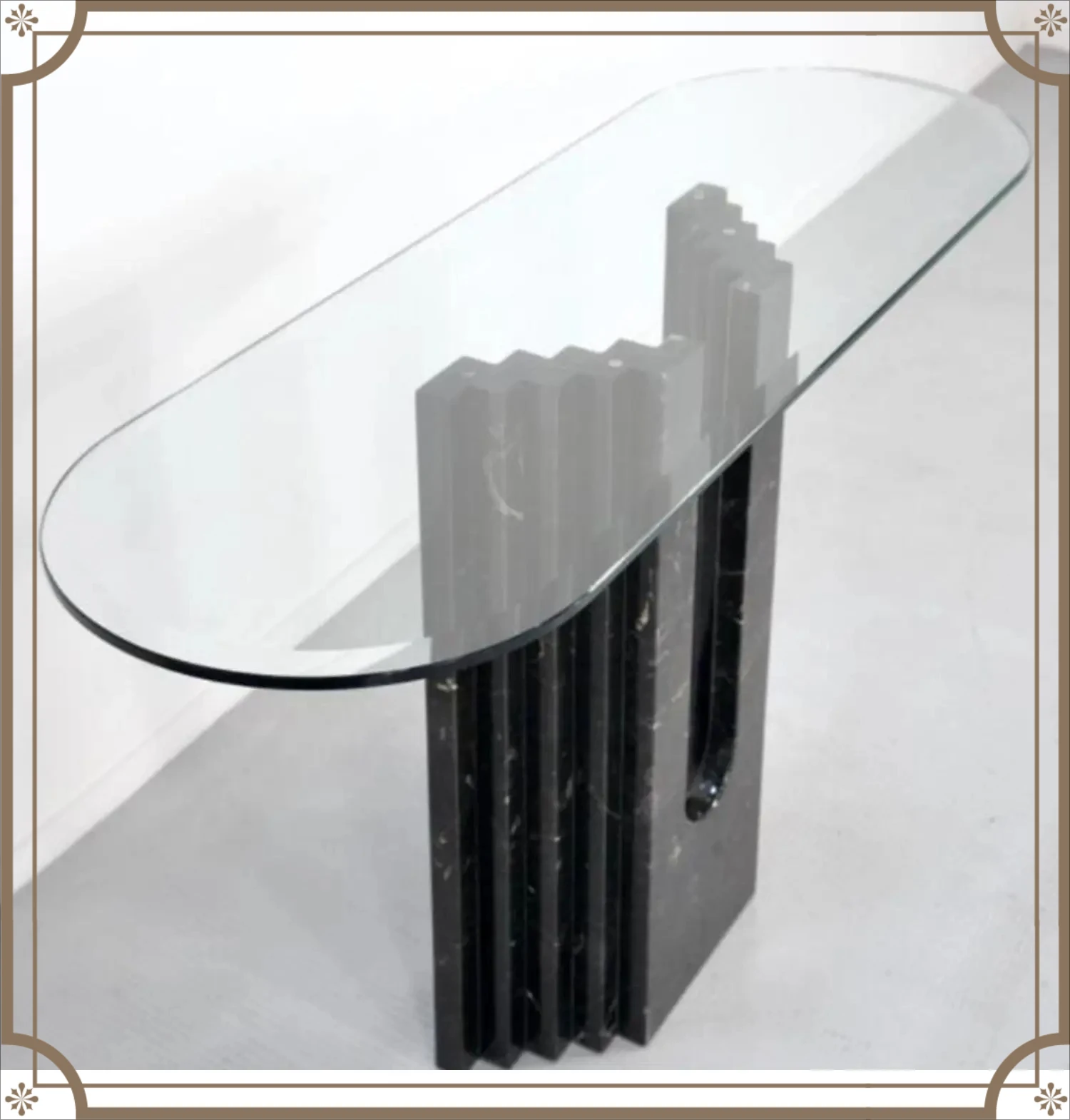 X-S Modern simple natural black and white root marble enclave villa model room, glass table against the wall HG