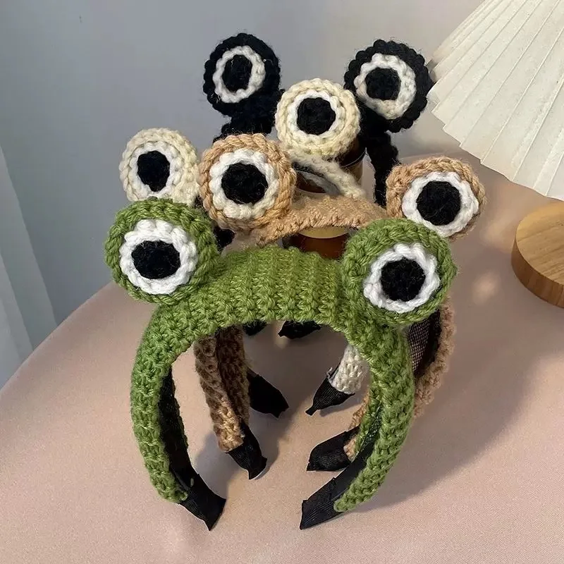 

Вязаная повязка на голову в виде лягушки с большими глазами, повязка для мытья макияжа, резинка для волос с милыми героями мультфильмов, осенне-весенний головной убор, аксессуары для волос
