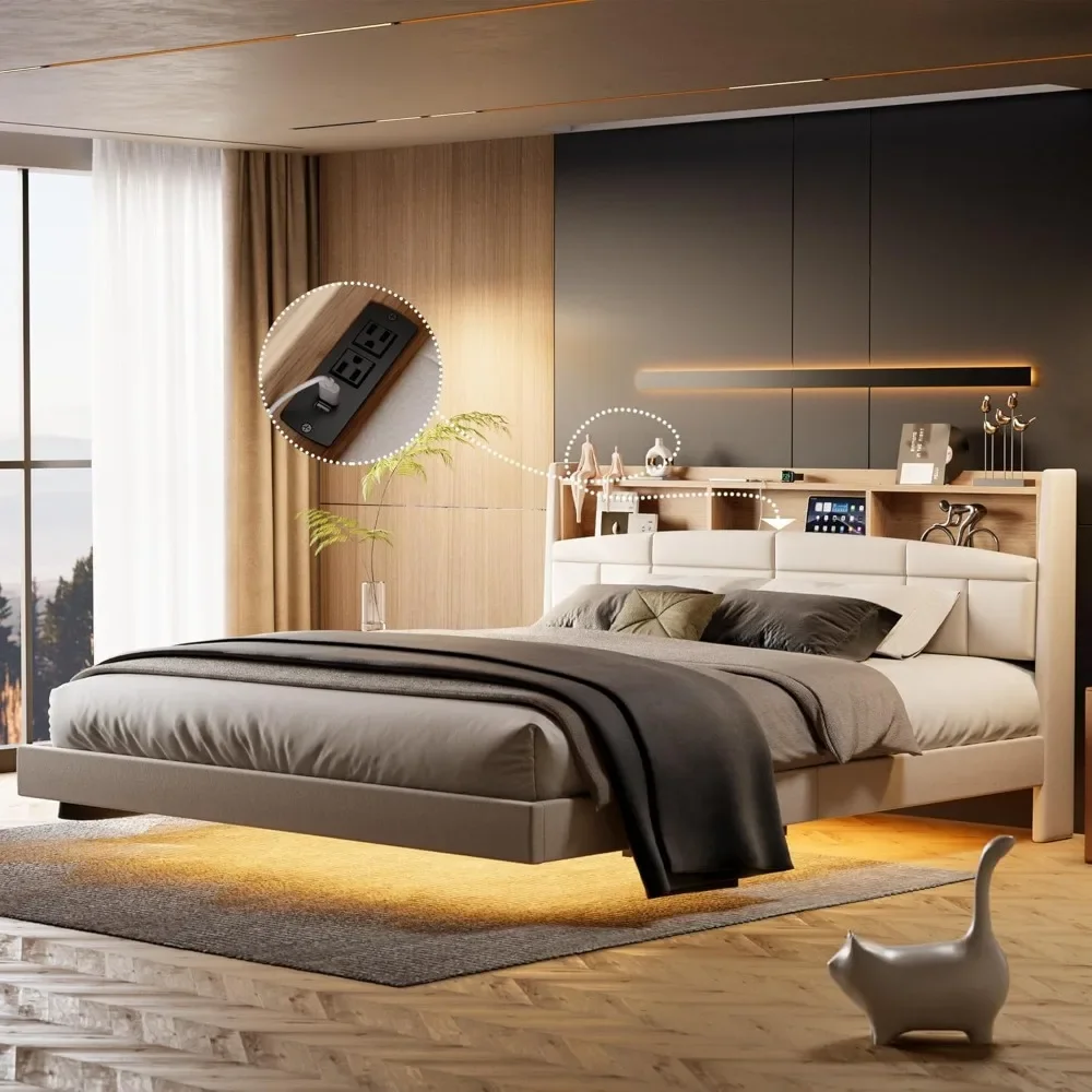 Bett rahmen mit Ladestation, hohes Kopfteil aus Bücherregal, Massivholz latten halterung, keine Box feder erforderlich, einfach zu montieren