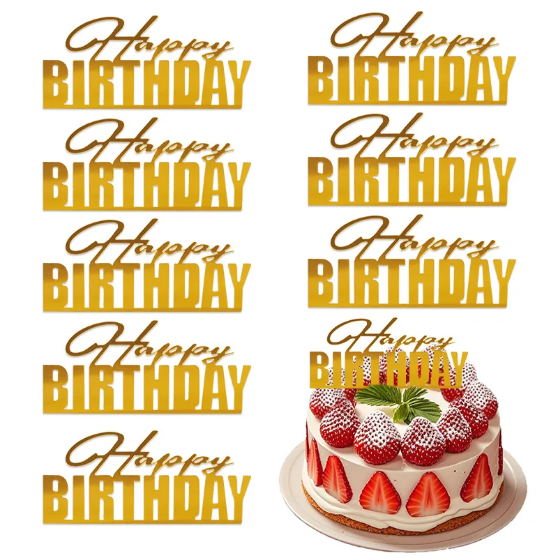 

10pcs Gold Happy Birthday Acrylic Cake Toppers Reusable Mirror Birthday Party Celebration Dessert Cake Decoration Supplies