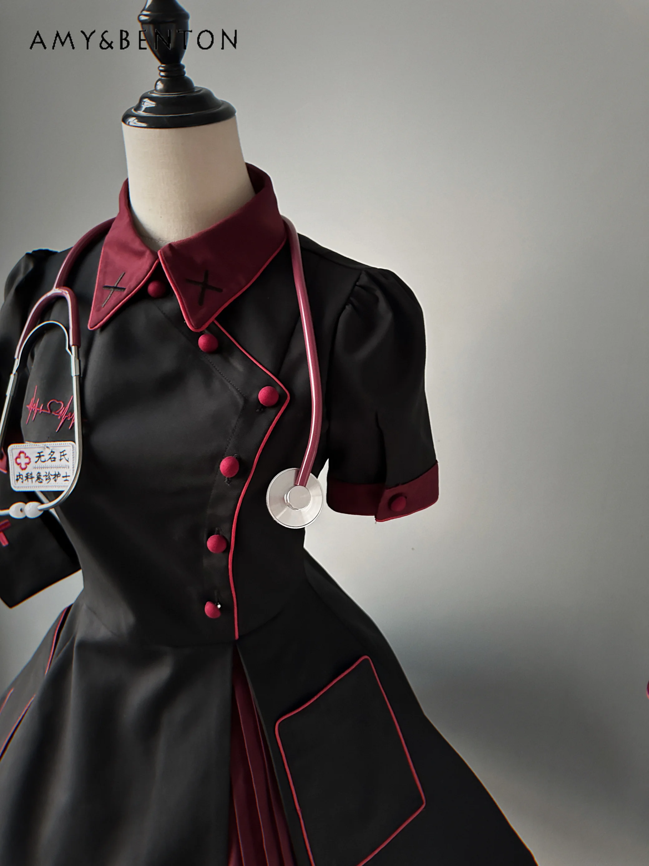 Halloween Cosplay Nurse Dress Full Sets Lolita Dark Goth Subculture Slim Mini Dress Sweet Patchwork Short Sleeve Tutu Dresses