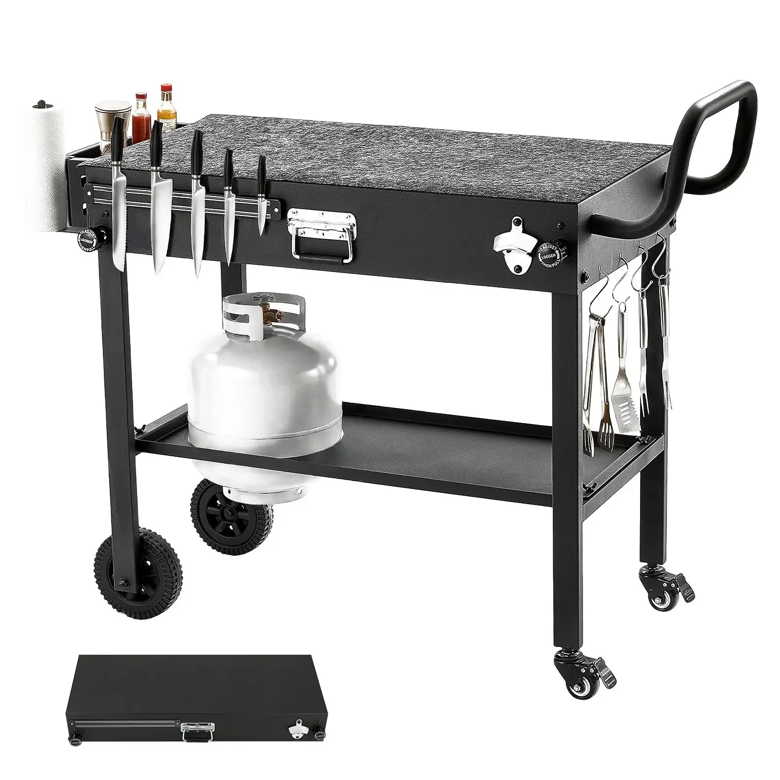 Outdoor Grill Cart, 31.0 X 17.0 inch Tabletop Size Grilling Table, Foldable Outdoor Cooking Table with Tissue Holder, Wheels