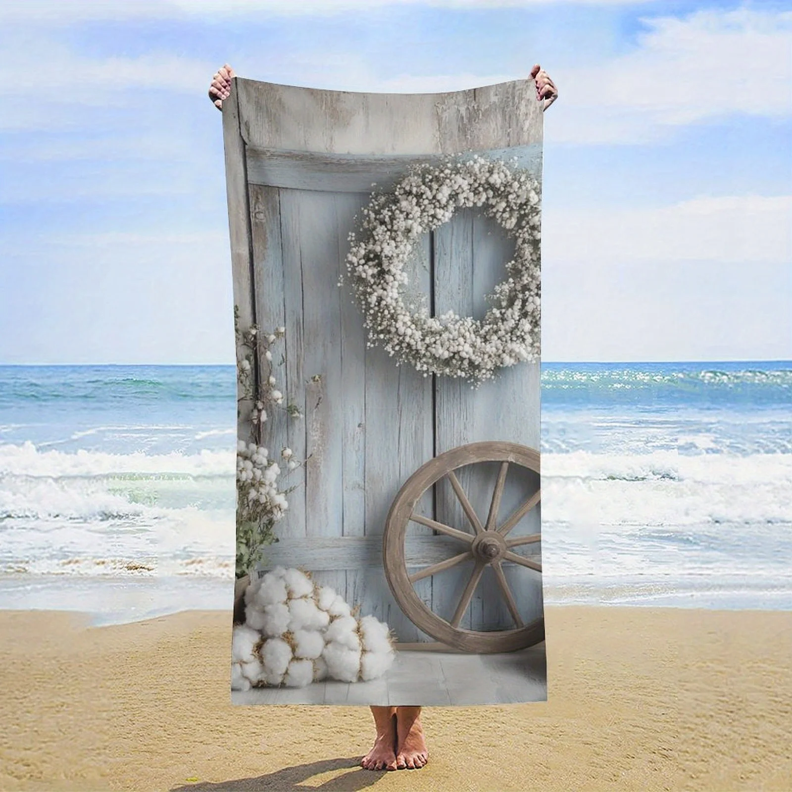 

Пляжное полотенце с изображением деревенской двери и венка - большое, супервпитывающее, быстросохнущее, из микрофибры, легкое и стильное, для летних мероприятий