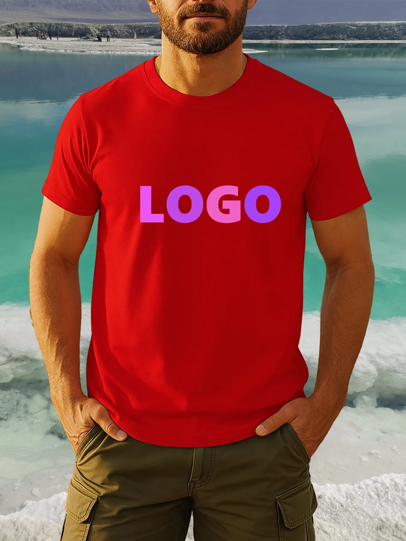 تي شيرت رجالي قابل للتخصيص - نص مخصص "You Design Here"، نمط هندسي، قطن ناعم، كاجوال برقبة دائرية وأكمام قصيرة