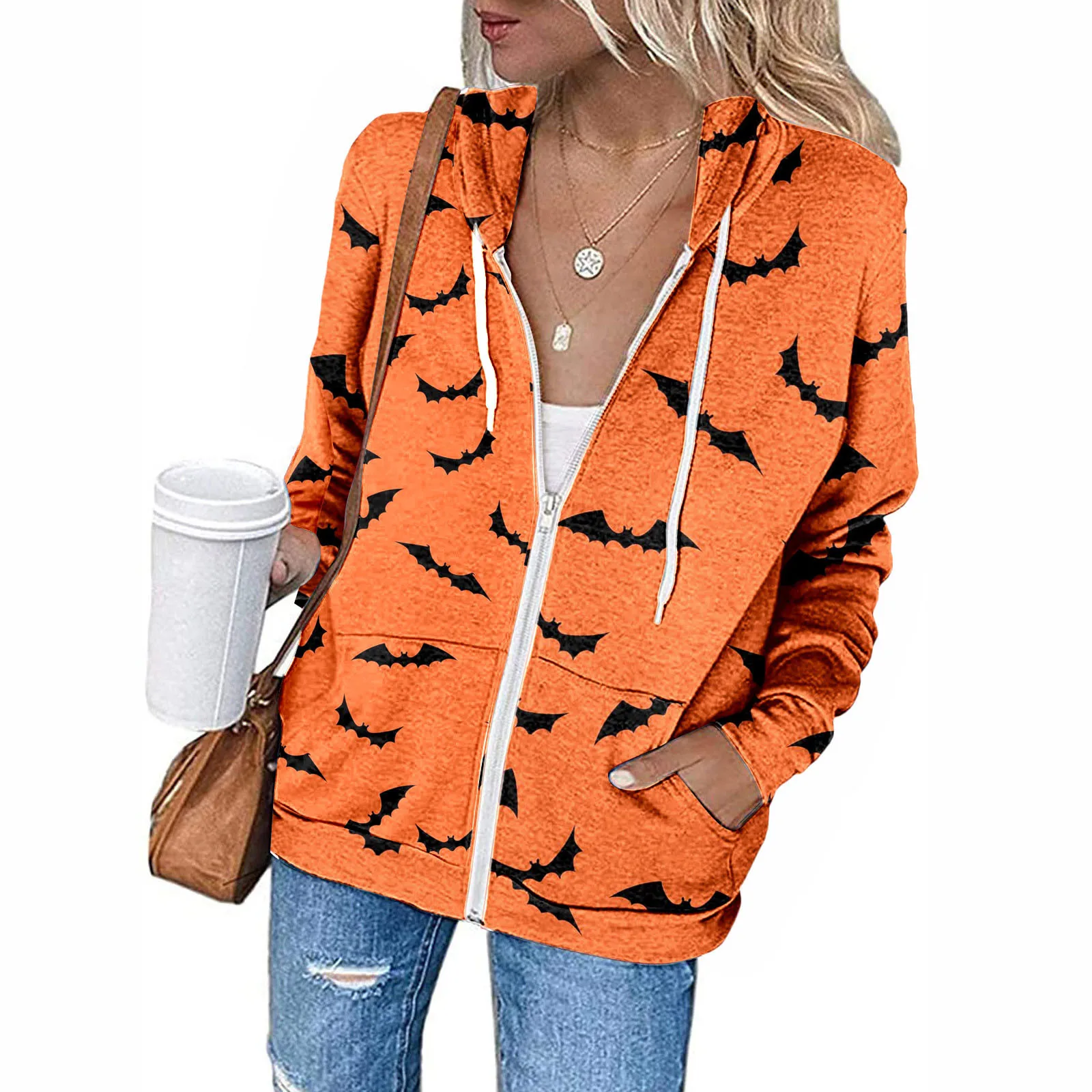 Damska kurtka z nadrukiem Halloween Trend Drawstring Hooded Long-Sleeved Zipper Hoodie Casual All Match Warm Coats Plus Size Tops