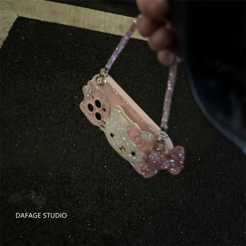 Милый чехол Sanrio Hello Kitty с рисунком для iPhone 15, креативный кавайный бант, 3D-телефон с защитой от падения, ручная цепочка, защитный чехол, подарок