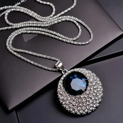 Luxury Blue Crystal Ocean Round Long Chain Necklaces & Pendants for Women Fashion Female Collier Femme Party Jewelry