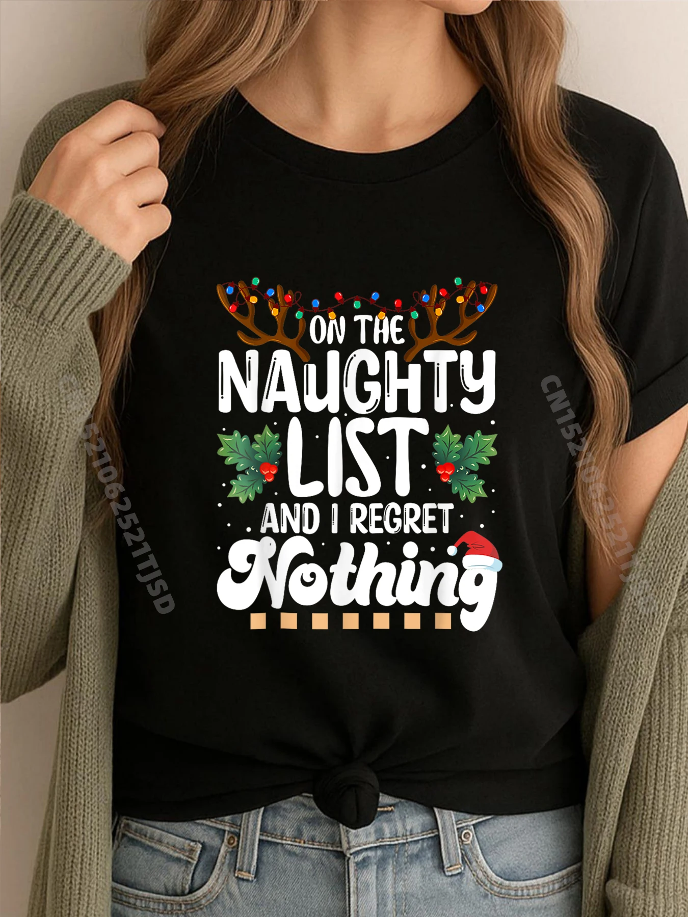 

On The Naughty List And I Regret Nothing Reindeer Christmas Graphic Tees Anime T Shirts T Shirt for Woman Outdoor