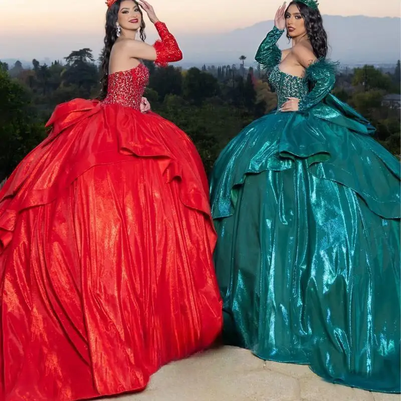 Dostosowane czarne błyszczące suknie balowe z odkrytymi ramionami sukienka na quinceanera dla kokardka dziewczęca koraliki pełne rękawy Vestidos De Quinceanera