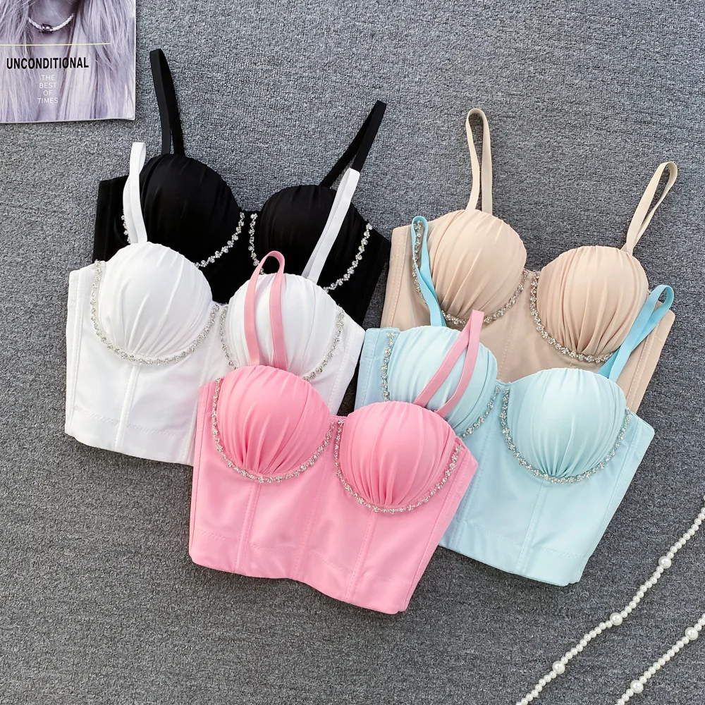 

Spicy Girls' Pleated Bra With Diamond Shell Suspender Vest Women's Foreign Style Belt Breast Pad Fishbone Slim Short Top Summer