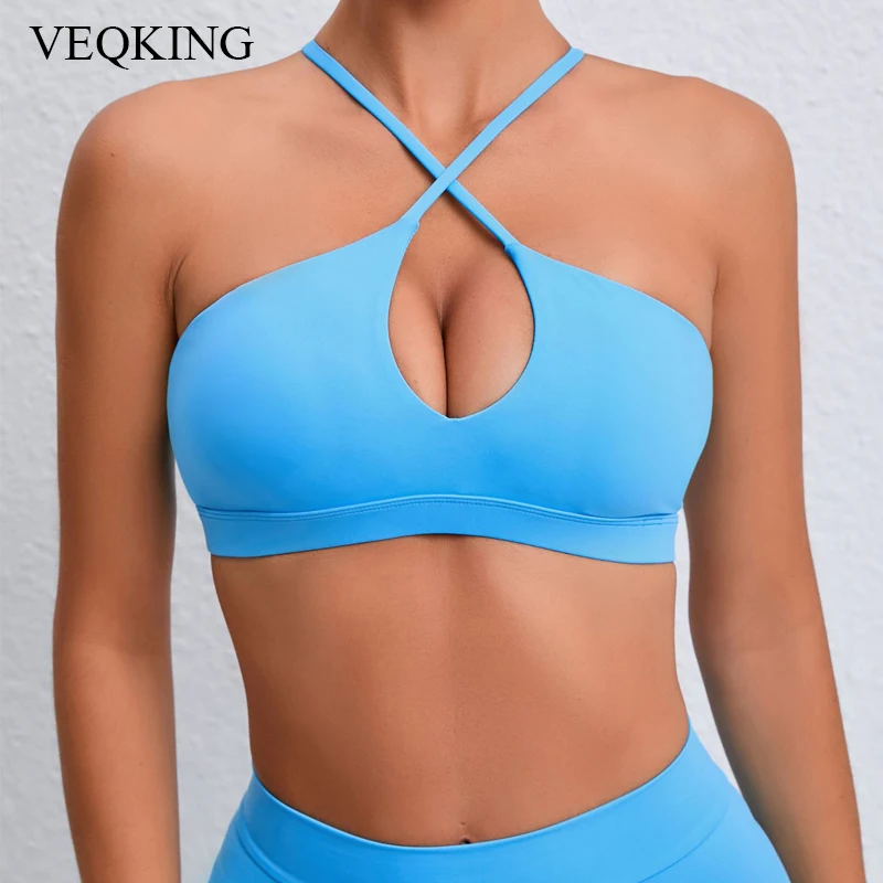 VEQKING-Soutien-gorge sexy à dos croisé pour femme, haut de sport, séchage rapide, respirant, fitness, yoga, avec coussretours