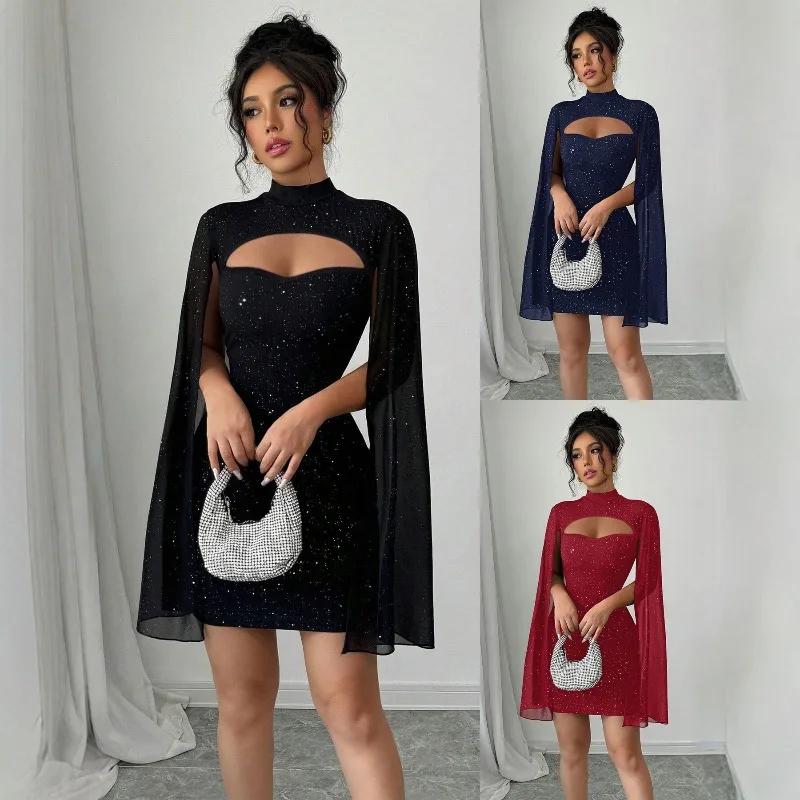 

2025 Party Dresses Sexy Sequins Womens Dresses Elegant Round Neck Pit Bar Pearl Chiffon Cloak Wrapped Hip Dress Vestidos Mujer