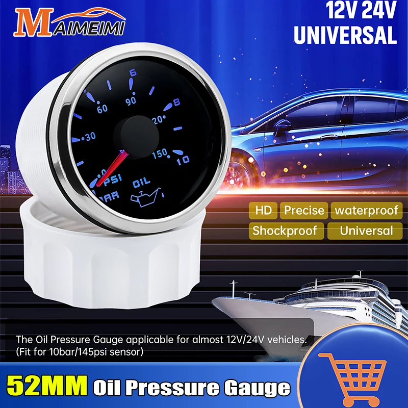 52MM Pointer Oil Pressure Gauge 7 Colors Backlight 0-10 Bar 0-150PSI Oil Press Meter NPT1/8 Pressure Sensor For 12V 24V Car Boat