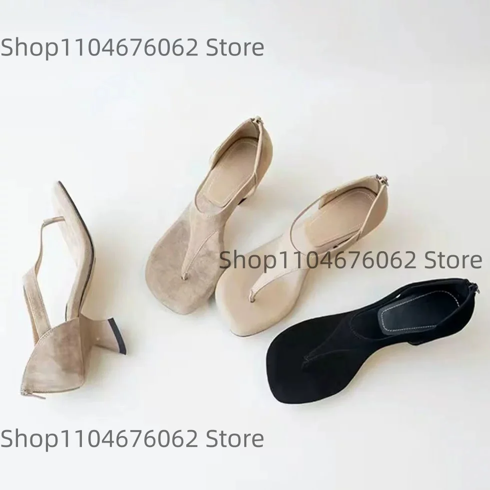 

Women's Nude Leather Thong Strap Square Toe Sculptural Heel Back Zip Sandals Modern Elegant Retro Ladies Daily Casual Shoes
