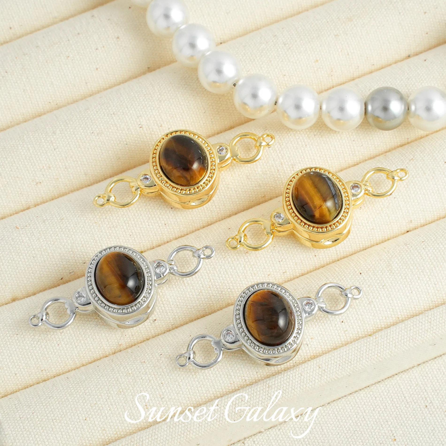 18k Gold Double Ring Tiger's Eye Magnetic Tail Buckle Pearl Connection Buckle Handmade DIY Beaded Material Bracelet Accessories