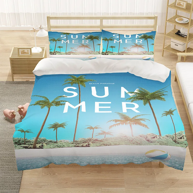 Ocean Beach King Queen Duvet Cover Summer Hawaii Coast Bedding Set for Kids Teens Adults Blue Sea 2/3pcs Polyester Quilt Cover