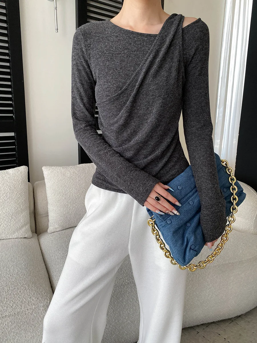 Autumn women's casual solid color irregular atmosphere off shoulder pleated slim fit T-shirt