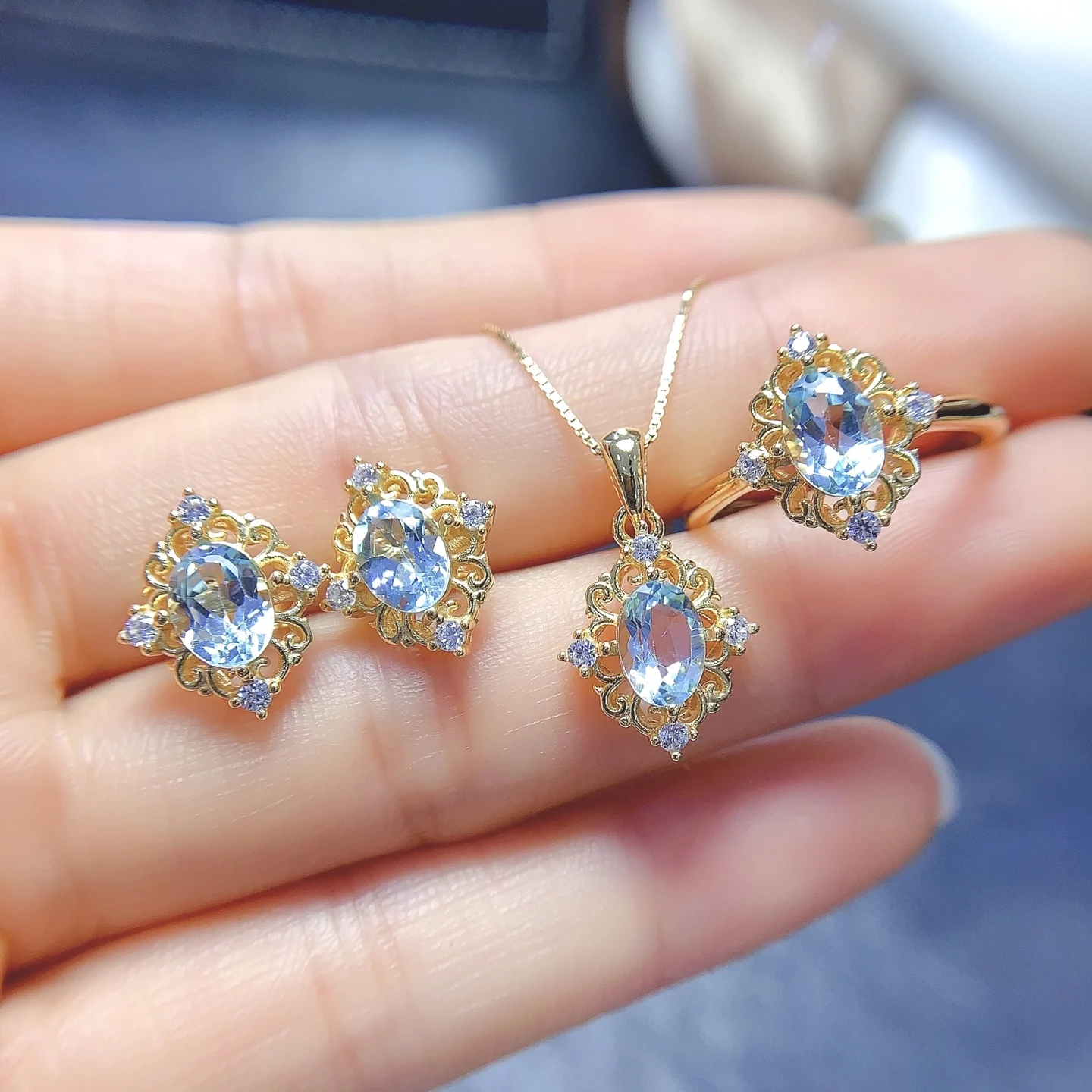 

FS 5*7mm Natural Sky Blue Topaz S925 Sterling Silver Ring Earrings Pendant 3PC Set for Women Fine Charm Weddings Jewelry MeiBaPJ