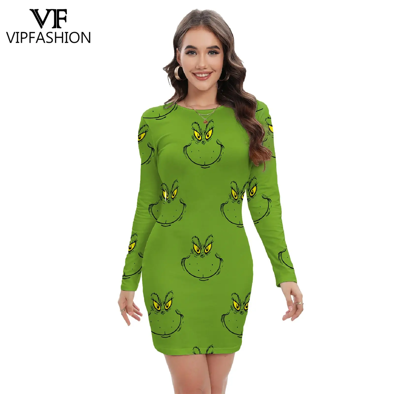 Moda vip feliz natal vestido para mulheres cabelo verde monstro impressão leggings fantasia cosplay traje vestido de festa manga longa topo