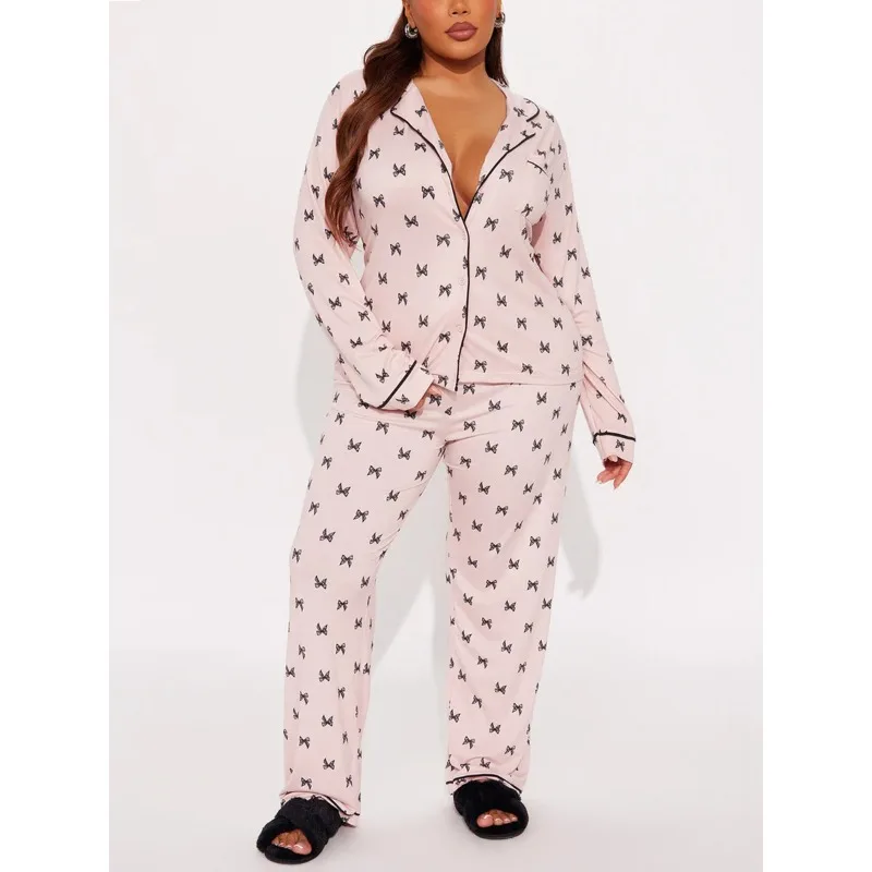 2-delige set dames pyjamaset met print, revers, lange mouwen, top en broek, casual loungewear, nachtkleding