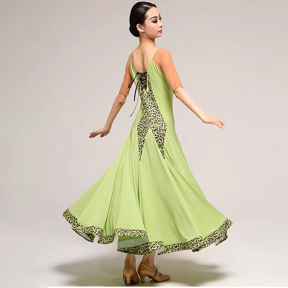 

Long Dress V-neck High-end Competition Dress New Practice Dance Dress Apple Green Stage Dress Short-sleeved Leopard Print
