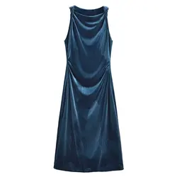 Tangada 2024 New Women Velvet Dress Sleeveless Ladies Slim Midi Dress 6P014